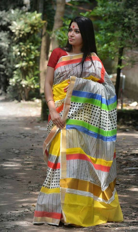 Grey, Blue & Green Kerala Pure Cotton Sarees - Dailybuyys