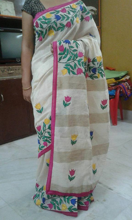 White & Beige Embroidery Applique Stitch Kathiawari Sarees - Dailybuyys