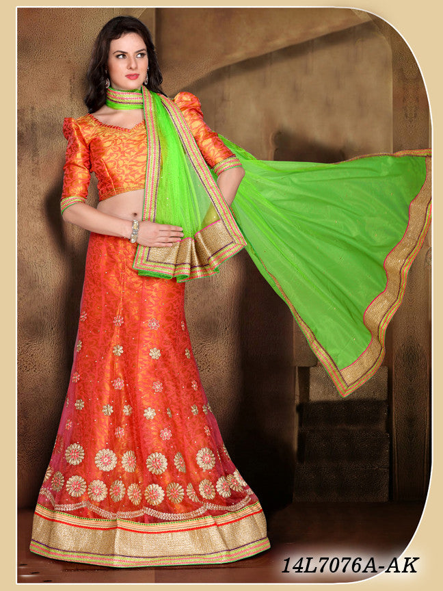Green and Orange Zari Embroidered Bridal Lehenga, कढ़ाई वाला दुल्हन का  लेहंगा - Mohi Fashion, Visakhapatnam | ID: 2851941486633