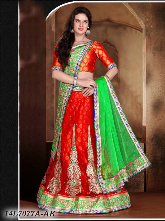 Red Parrot Green Net Brocade Lehenga Choli