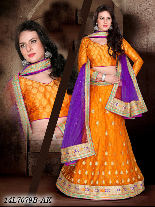 Yellow Violet Net Brocade Lehenga Choli