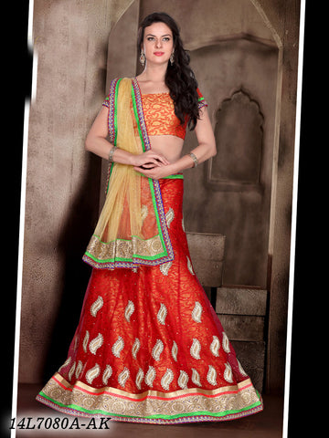 Red Beige Net Brocade Lehenga Choli