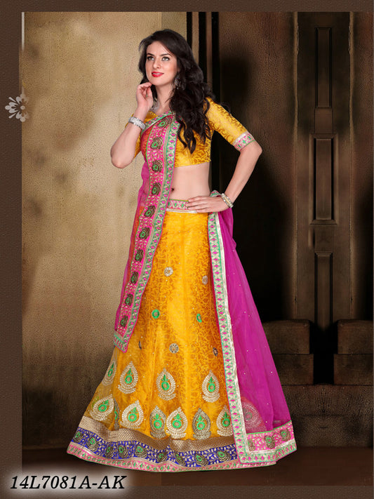 Yellow Pink Net Brocade Lehenga Choli