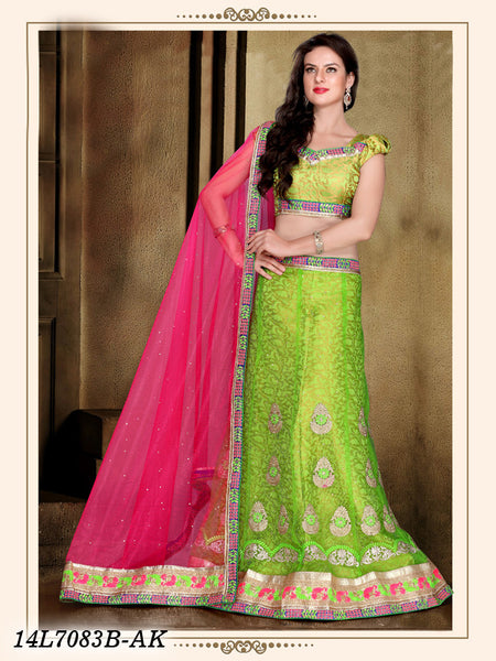 Pink & Parrot Green Emnbroidered Lehenga | Half saree lehenga, Half saree  designs, Unique blouse designs