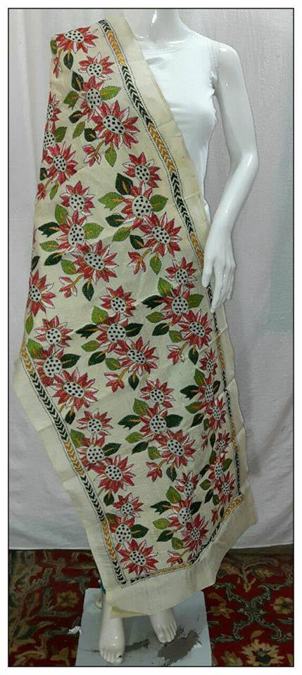 Handpicked Off White & Red 1 Pure Silk Mark Certified Tussar Kantha Stitch Stoles