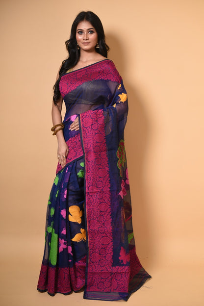 Blue & Pink  Butterfly Handloom Jamdani Saree