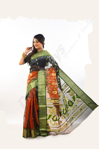 Brown Golden Green Dhakai Jamdani Sarees