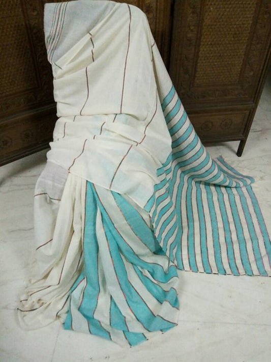 White & Sky Blue Khesh Sarees - Dailybuyys