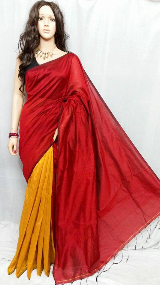 Red & Yellow Pure Cotton Silk Sarees - Dailybuyys