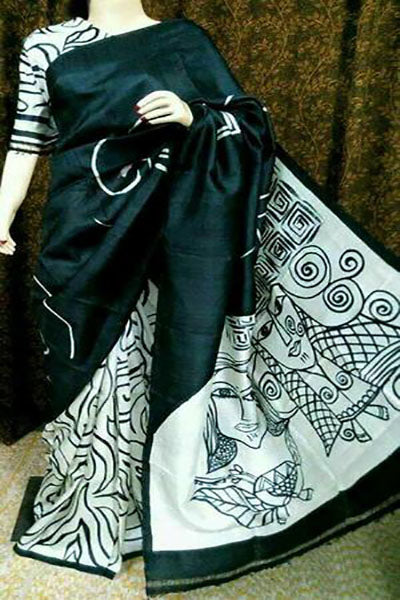Black Hand Painted Pure KK Silk Mark Certified Bishnupuri Silk Sarees - Dailybuyys