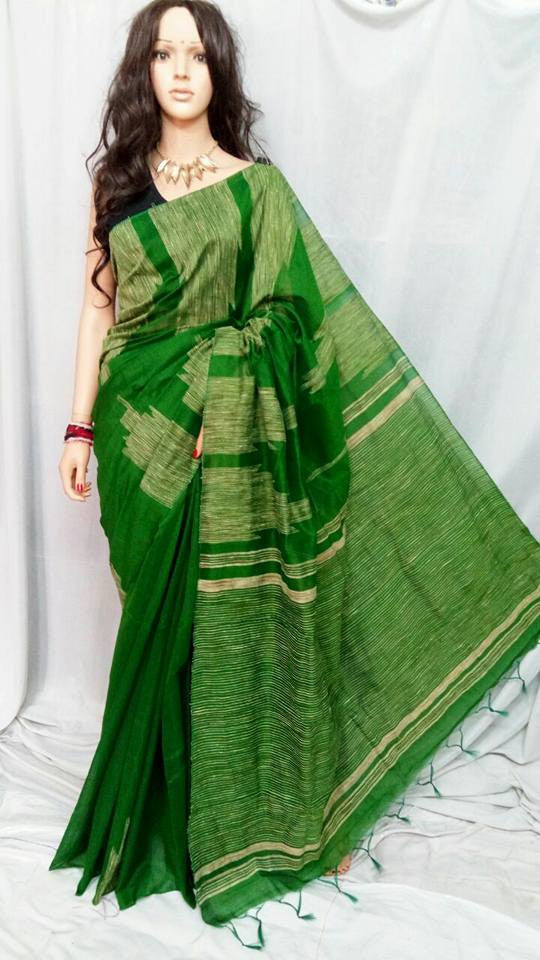 Bottle Green Cotton Handloom Saree - Elegant Karustuti Collection