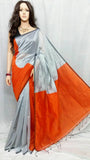 Orange & Gray Pure Cotton Silk Sarees