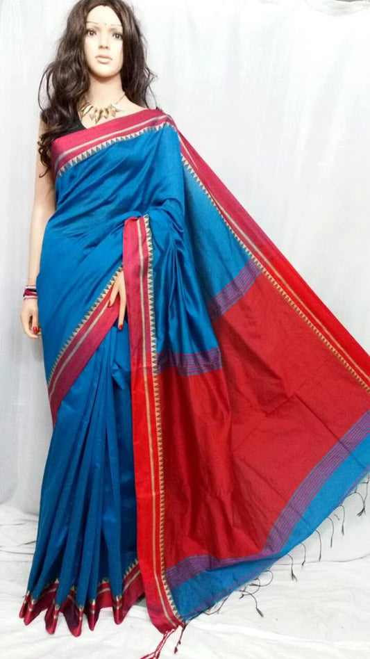 Red & Blue Pure Cotton Silk Sarees - Dailybuyys