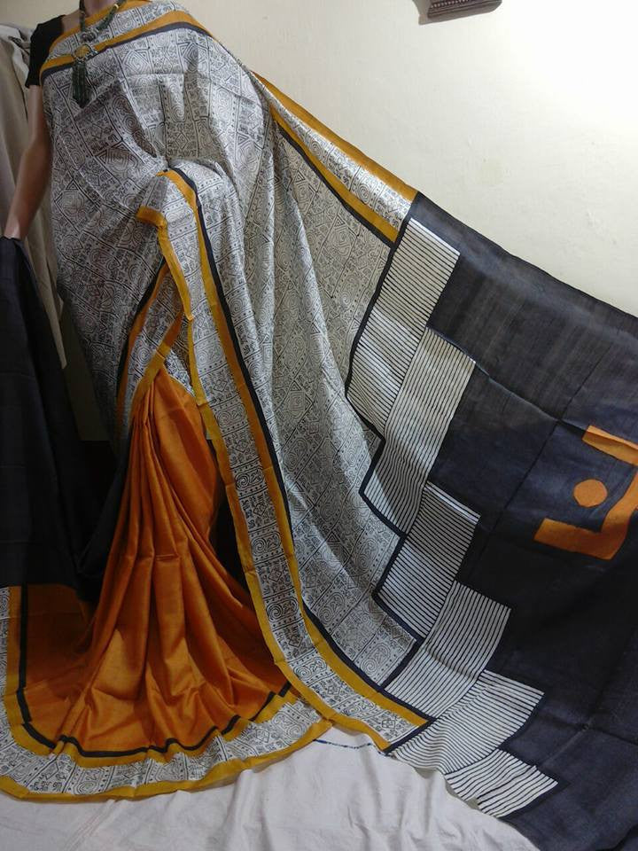 Beige Orange  Zari Border Pure Silk Mark Certified Tussar Silk Sarees
