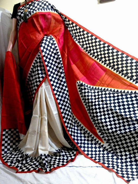 Black & White  Zari Border Pure Silk Mark Certified Tussar Silk Sarees - Dailybuyys