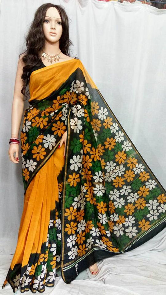 Yellow Handprint Batik Chanderi Silk Sarees - Dailybuyys
