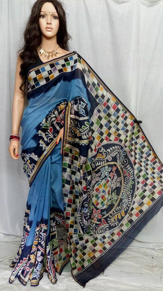Blue Handprint Batik Chanderi Silk Sarees - Dailybuyys