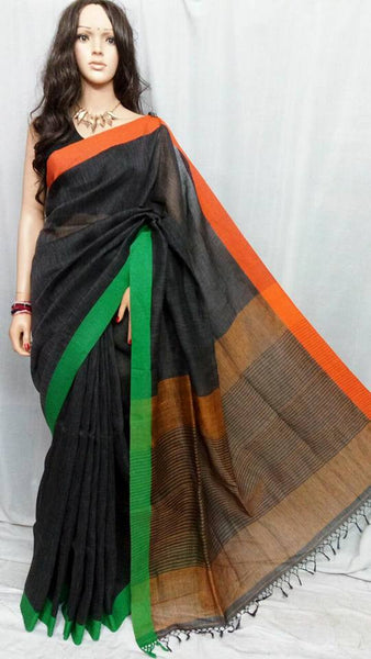Black & Green ,Orange Bengal Handloom Silk Sarees