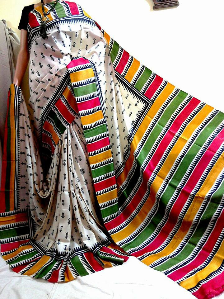 White & Multi Coloured Pure Silk Mark Certified Tussar Silk Sarees - Dailybuyys