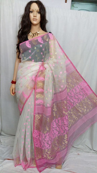 Pink with blue buti soft Dhakai Jamdani Sarees – Dailybuyys