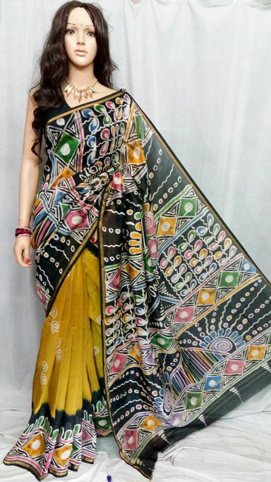 Yellow & Black Handprint Batik Chanderi Silk Sarees - Dailybuyys