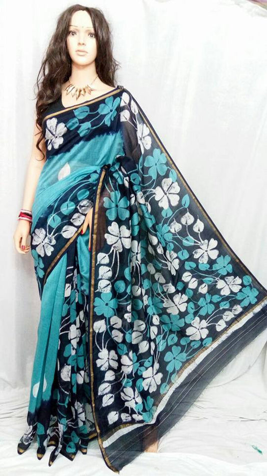 Blue & Black Handprint Batik Chanderi Silk Sarees - Dailybuyys