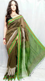 Parrot Green & Brown Handloom Pure Cotton Silk Sarees