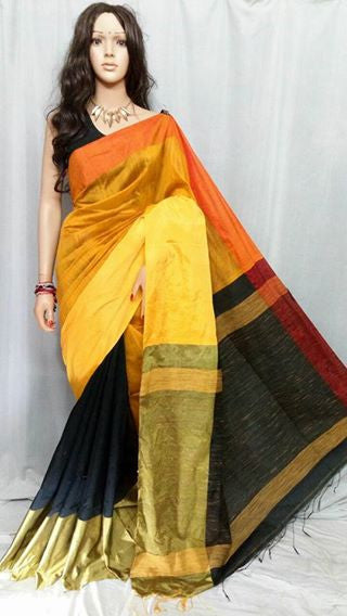 Yellow & Black Mahapar Pure Cotton Silk Sarees - Dailybuyys