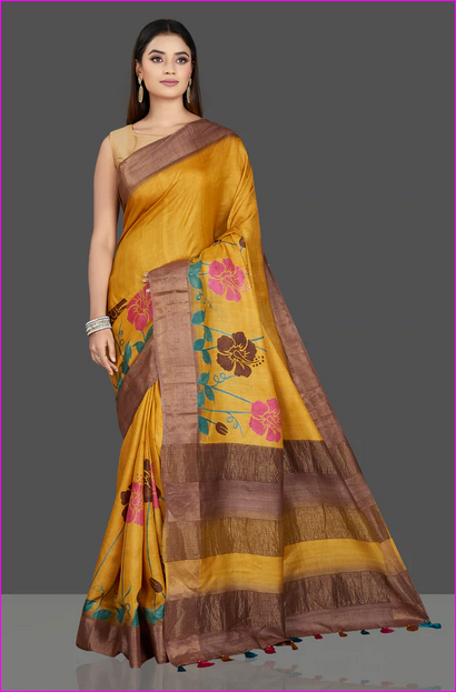 Yellow Floral Hand Painted Zari Border Pure Silk Mark Certified Tussar Silk Sarees