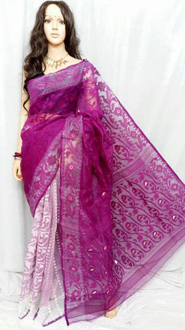 White & Violet Handloom Jamdani Sarees