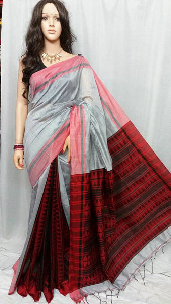 Red & Grey Bihu Handloom Pure Cotton Silk Sarees