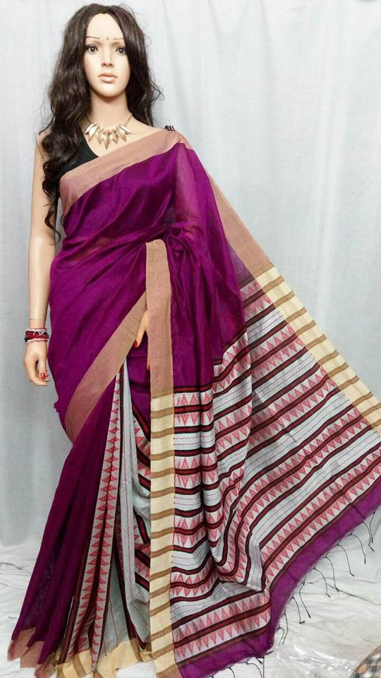 Magenta Bihu Handloom Pure Cotton Silk Sarees