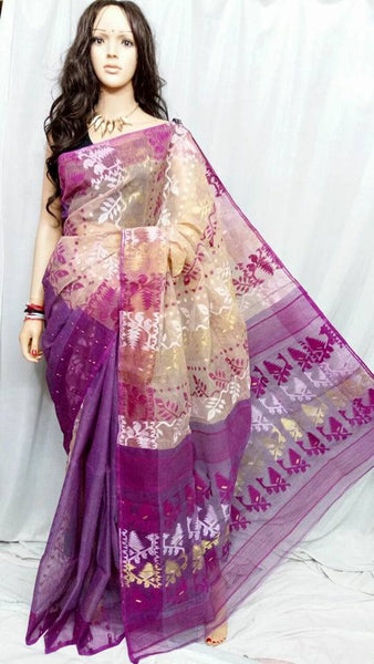 Purple & White Handloom Jamdani Sarees