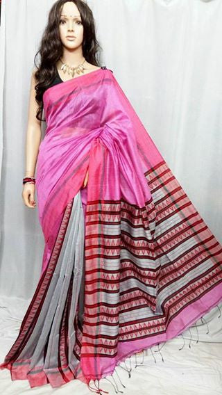 Pink & Grey Bihu Handloom Pure Cotton Silk Sarees