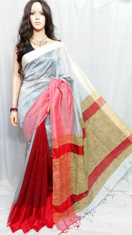 Red & Grey Mahapar Pure Cotton Silk Sarees - Dailybuyys