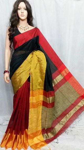 Red & Black, Yellow Mahapar Pure Cotton Silk Sarees - Dailybuyys