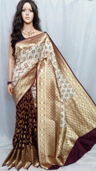Marron & White, Golden Banarasi Silk Sarees