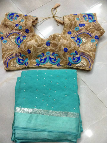 Beige & Blue Designer Stitched Blouses