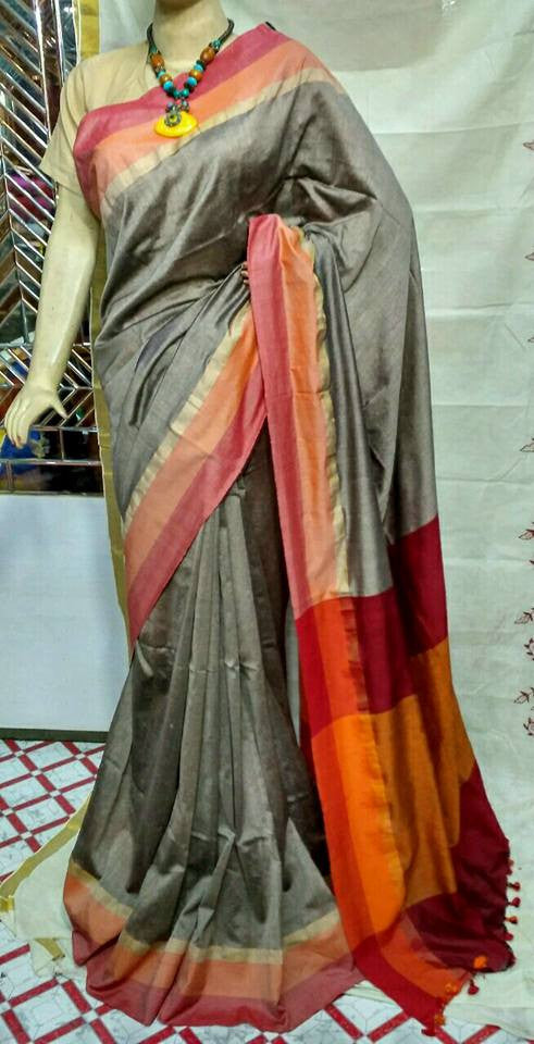 Grey & Red,Yellow  Bengal Handloom Khadi Sarees