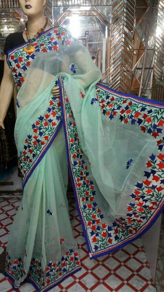 Blue Bangladeshi Pure Cotton Kathiawari Sarees - Dailybuyys