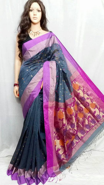 Black & Violet Bengal Handloom Silk Sarees