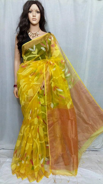 Yellow Bangladesi Silk Mark Certified Muslin Resom Silk Sarees