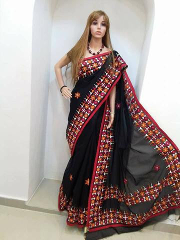 Black & Red Design Bangladeshi Pure Cotton Kathiawari Sarees