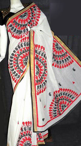 White Bangladeshi Pure Cotton Kathiawari Sarees - Dailybuyys