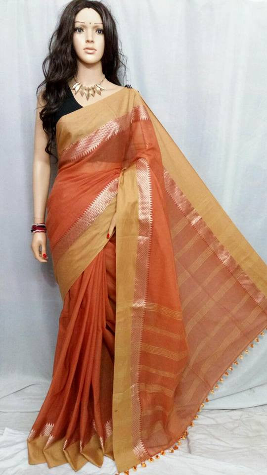 Beige & Orange Bengal Handloom Silk Sarees