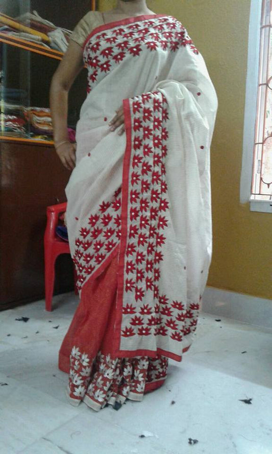 White Bangladeshi Pure Cotton Kathiawari Sarees - Dailybuyys