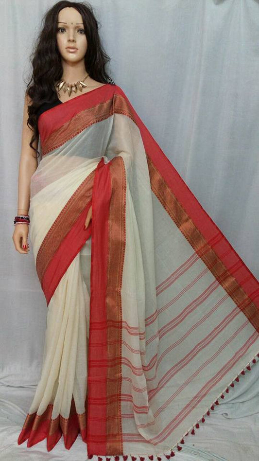 White Pure Cotton Silk Sarees - Dailybuyys