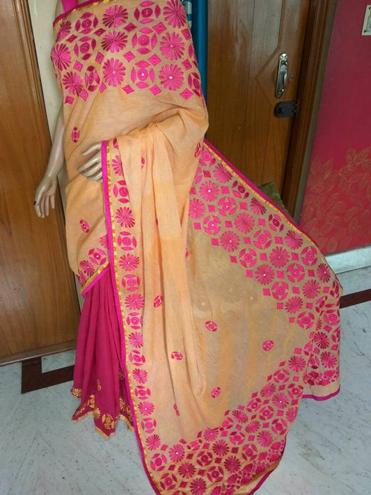 Peach & Pink Bangladeshi Pure Cotton Kathiawari Sarees - Dailybuyys