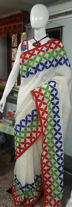 White Bangladeshi Pure Cotton Kathiawari Sarees - Dailybuyys