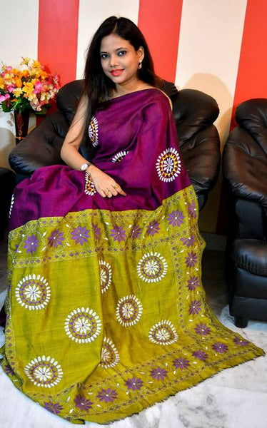 Purple & Yellow Bangladeshi Pure Cotton Kathiawari Sarees